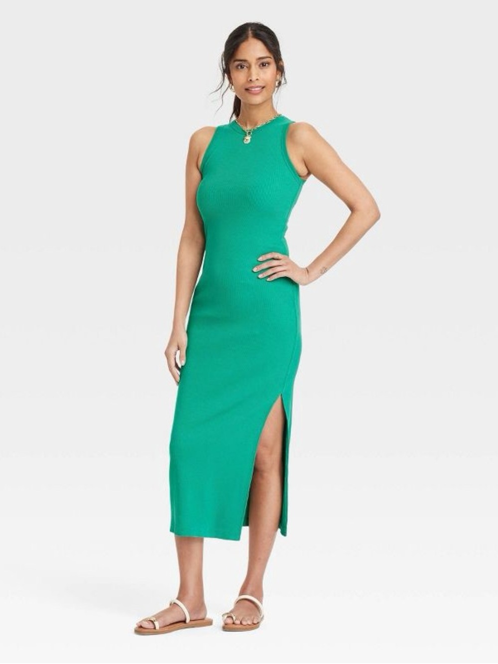 Universal Thread Green Ribbed Tank Maxi Dress with Side Slit